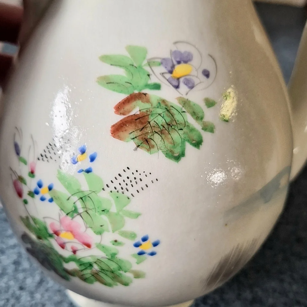 Vintage Japanese Kutani Ware Porcelain Red-Crowned Crane Tea Pot & Sugar Bowl
